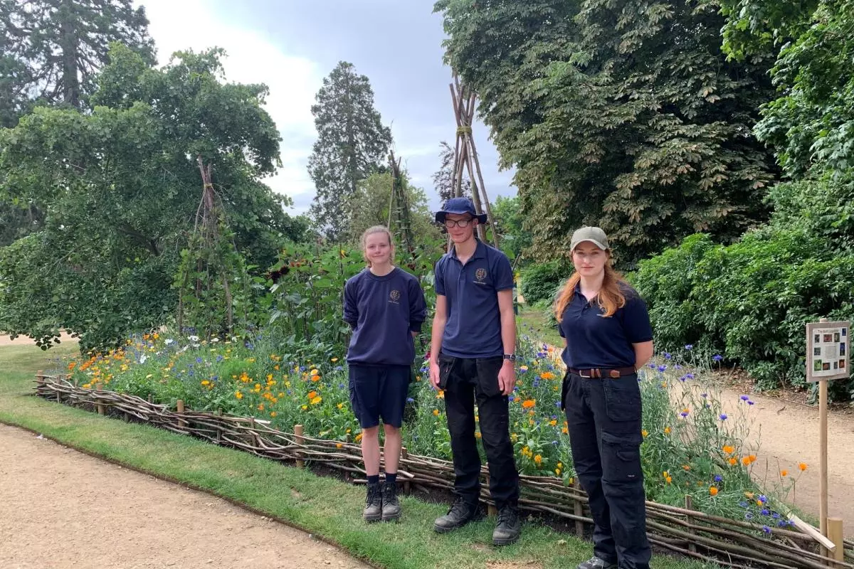 Three Parks apprentices standing with their recently planted flower bed